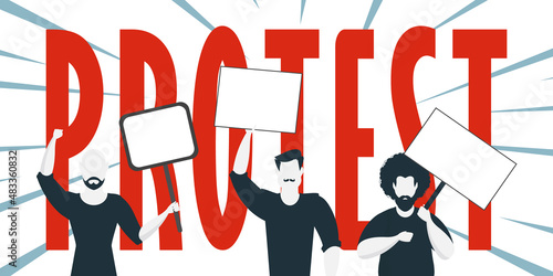 Protest banner. Men protest with banners. Strike concept. Vector illustration.