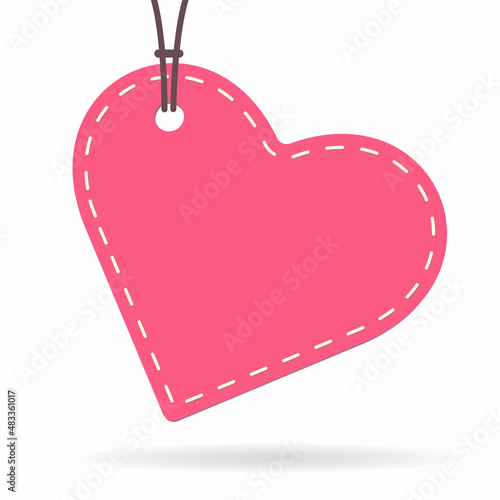 Stitched red heart shaped label hanging from a drawstring. Vector illustration.