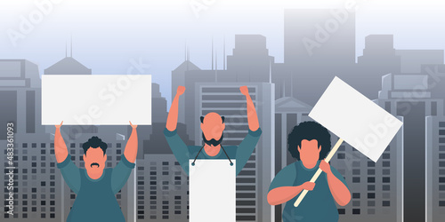 A group of men are protesting with banners in their hands. The concept of citizens' strikes. Vector illustration.