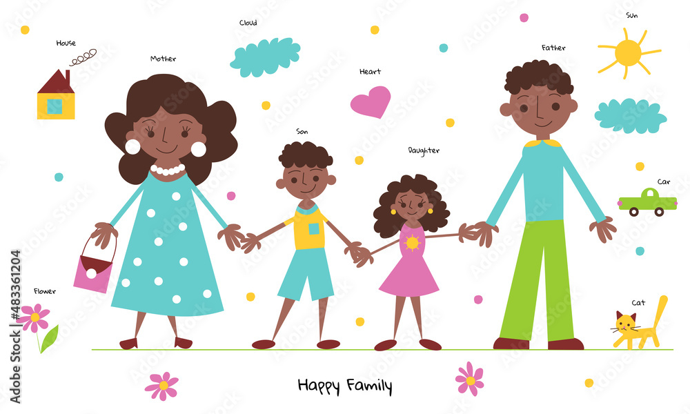 A happy african american family is smiling outside. Children's drawing  of a family.Dad, mom, son and daughter.Cartoon cute kids flat style.Trendy bright colors. Isolated object on a white background.