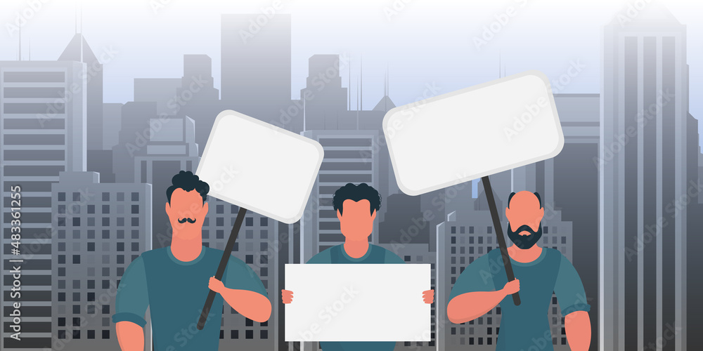 A group of men came out to protest with banners in their hands. The concept of citizens' strikes. Cartoon style. A group of men came out to protest with banners in their hands. The concept of citizens' strikes. Cartoon style.