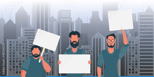 A group of men came out to protest with banners. The concept of citizens' strikes. Prosky style, vector.