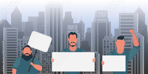 A group of men came out to protest with banners. The concept of citizens' strikes. Vector illustration.