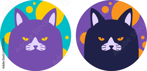 Circle coloured cat icon, cute magenta dark blue kitty, character avatar, angry grumpy animal