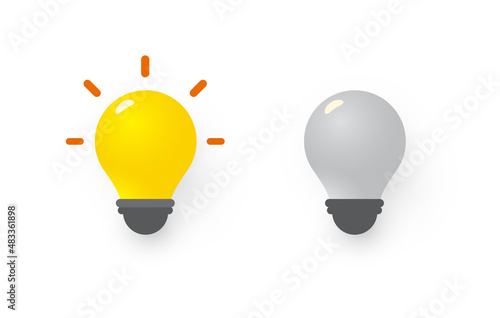 Yellow light bulb on, new idea symbol. Gray light bulb off, lack of ideas symbol. Flat 3D vector illustration
