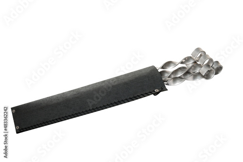 Timing belt in the hand of a car mechanic. Isolated on white background.
