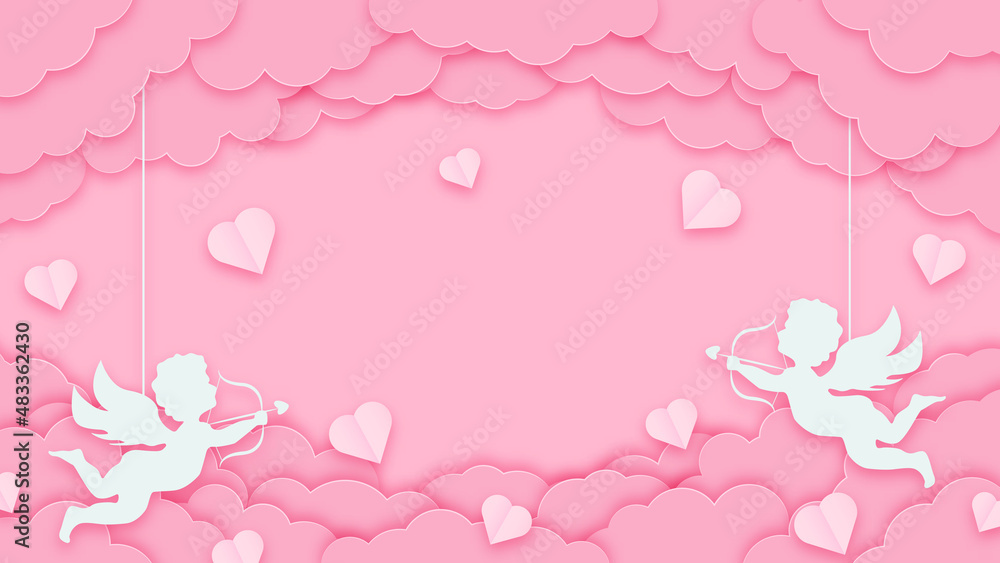 Happy valentines day greeting background in papercut style. Horizontal poster, greeting card flyer. Space for text. Holiday pink banner with paper clouds, cupids and hearts