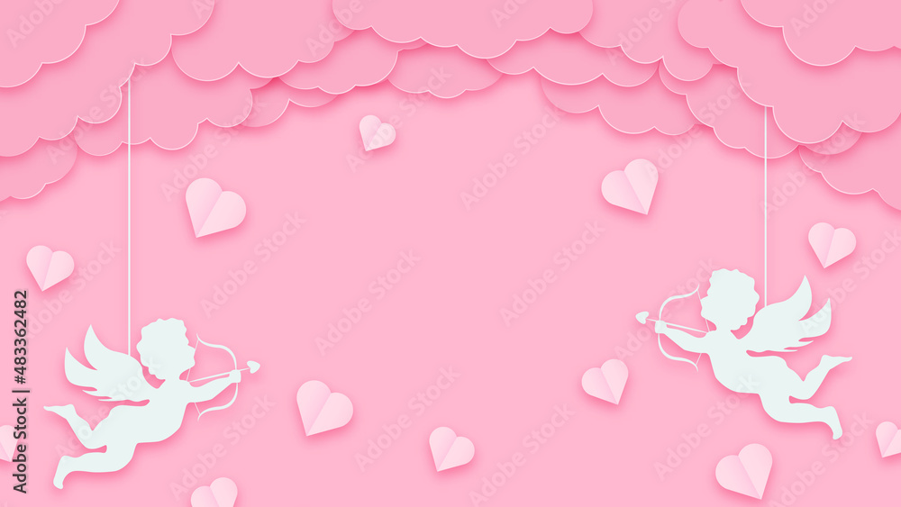 Happy valentines day greeting background in papercut style. Horizontal poster, greeting card flyer. Space for text. Holiday pink banner with paper clouds, cupids and hearts
