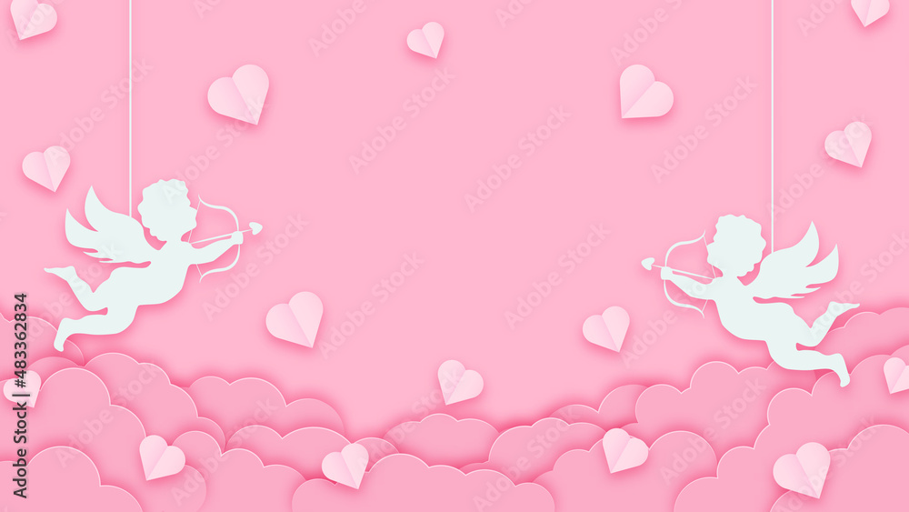 Happy valentines day greeting background in papercut style. Horizontal poster, greeting card flyer. Space for text. Holiday pink banner with paper clouds, cupids and hearts Happy valentines day greeting background in papercut style. Horizontal poster, greeting card flyer. Space for text. Holiday pink banner with paper clouds, cupids and hearts