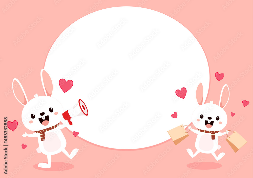 Obraz premium Valentine's day card with Kawaii bunny. Rabbit cartoon vector collection. Small lovely rabbit holds love heart. Valentine's day illustration. Valentine's label. free space for text.