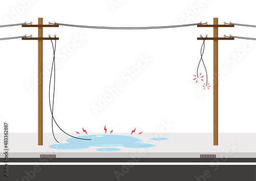 Electric leakage. Electric wire of high voltage pole is damaged and short circuit in water with rain flat icon vector.
