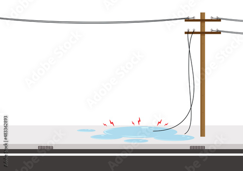 Electric leakage. Electric wire of high voltage pole is damaged and short circuit in water with rain flat icon vector.