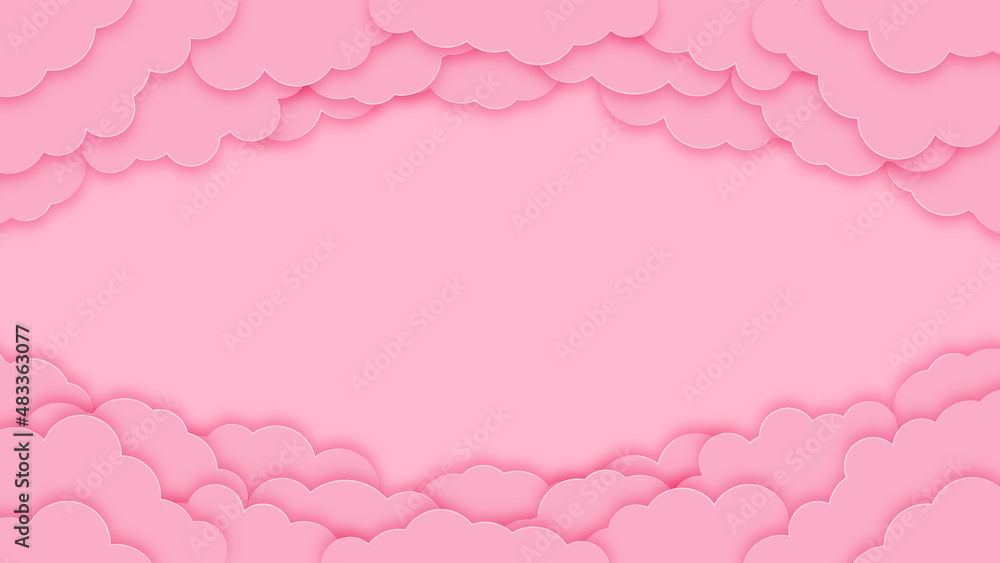 Happy valentines day greeting background in papercut style. Holiday pink banner with paper clouds. Horizontal poster, greeting card flyer. Space for text