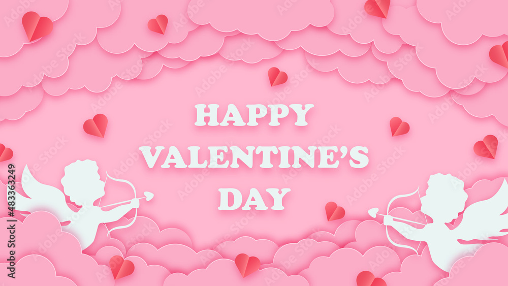 Happy valentines day greeting background in papercut style. Holiday pink banner with paper clouds, cupids and hearts. Horizontal poster, greeting card flyer. Place for text