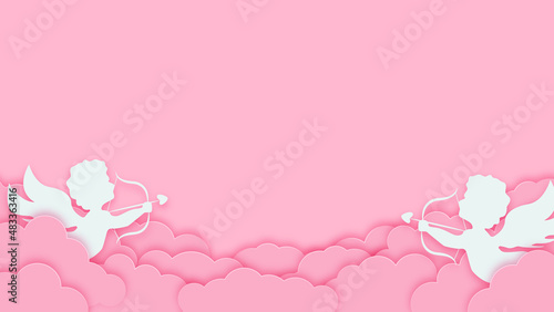 Happy valentines day greeting background in papercut style. Horizontal poster, greeting card flyer. Space for text. Holiday pink banner with clouds and cupids