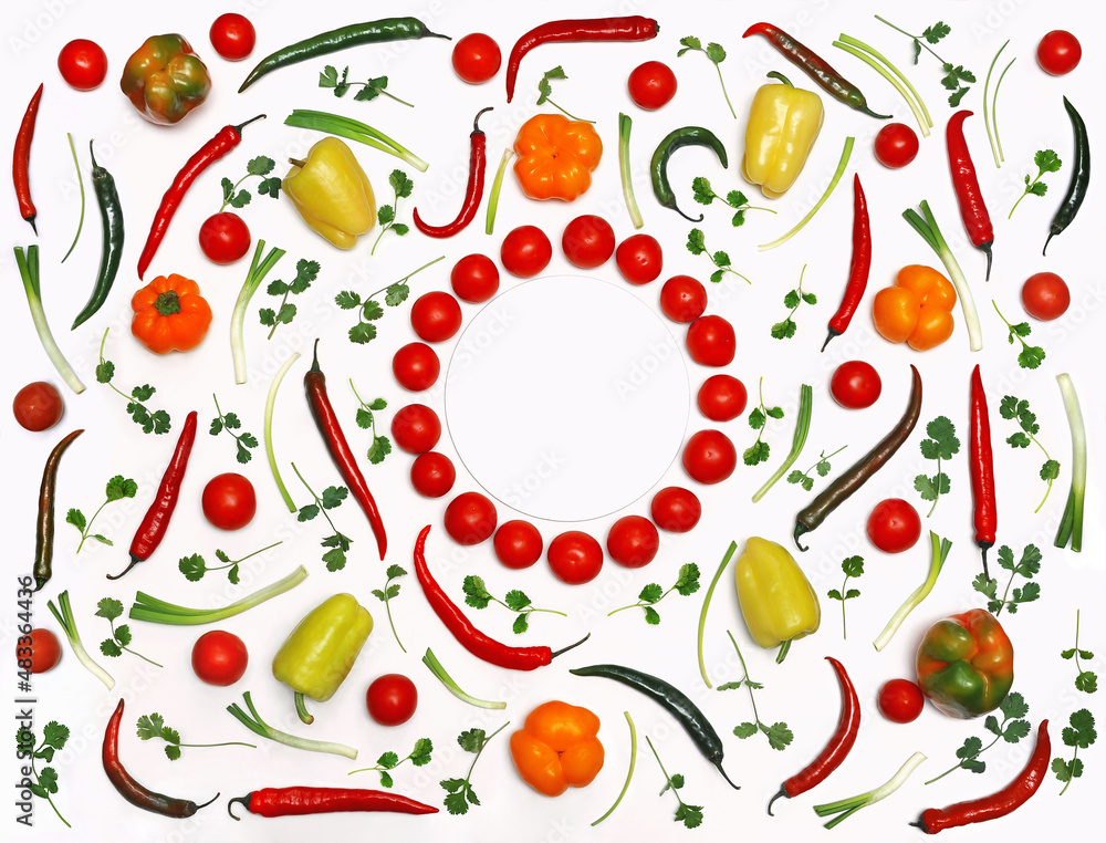 Set from fresh vegetables: cherry tomatoes, paprika chilli pepper , green onions, cilantro at tre white background. A frame from cherry tomatoes at the centre.Free space for writing.Flat lay ,top view Set from fresh vegetables: cherry tomatoes, paprika chilli pepper , green onions, cilantro at tre white background. A frame from cherry tomatoes at the centre.Free space for writing.Flat lay ,top view