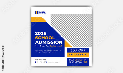 School Admission social media post design template. Back to school online education learning social media post or banner