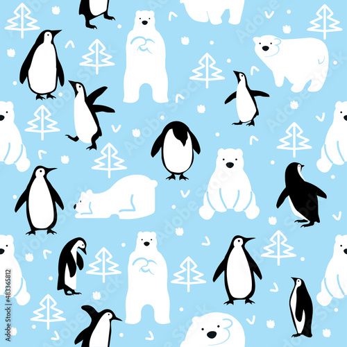 polar bears with penguins  cartoon saemless pattern