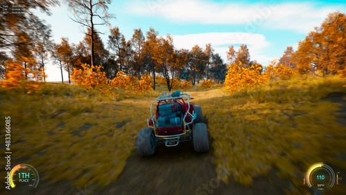 Faked 3D video game. 4K racing through the forest. HUD.