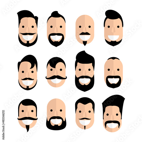 Set of man cartoon faces with beard and mustache
