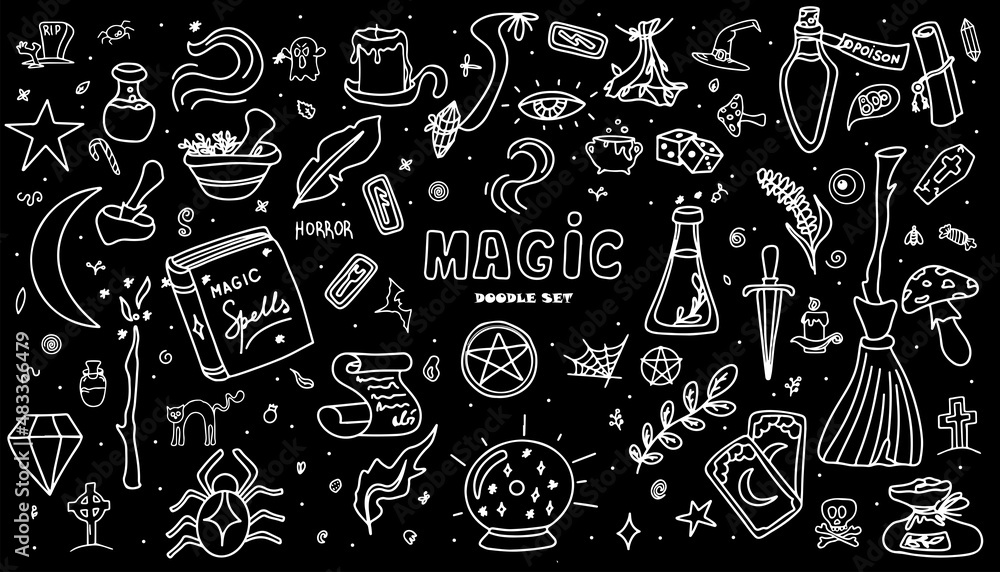 Magic hand drawn doodle set. Vector icons of magic items. Collection halloween elements. Magic broom, potions, fortune-telling cards, runes, books, magic wand, hourglass Magic hand drawn doodle set. Vector icons of magic items. Collection halloween elements. Magic broom, potions, fortune-telling cards, runes, books, magic wand, hourglass