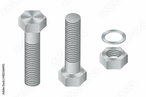 Isometric vector illustration steel bolt and hex nut isolated on white background. Realistic stainless steel bolt and nut icon. Set of isometric screw-nuts and bolts.