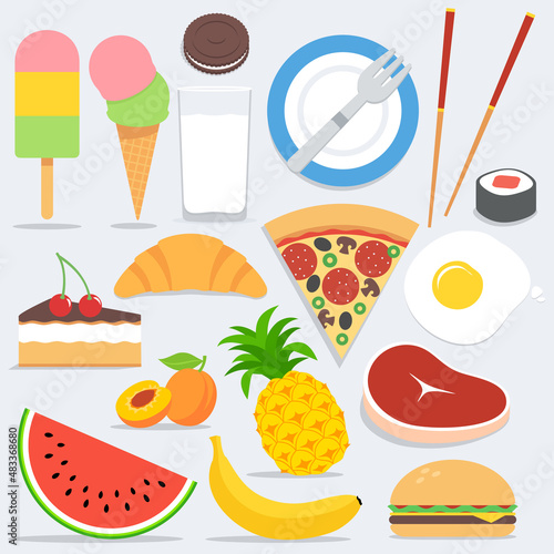Set of flat colorful food icons