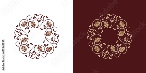 Elegant luxury floral monogram frame template on chocolate brown background. Vintage style cocoa beans vector.