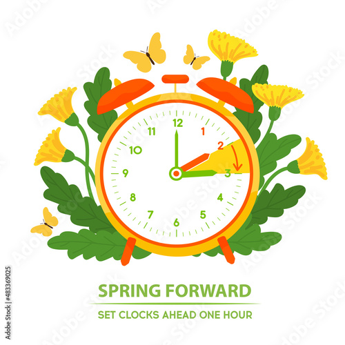 Daylight Saving Time begins. Spring forward reminder. Alarm clock with forward moving hand. Clock with dandelion flowers. Change clocks banner. Vector illustration isolated on white