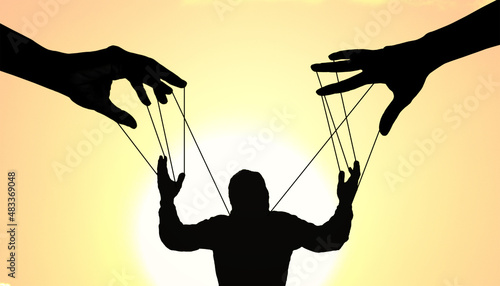 Leaders and concepts of being controlled with psychological persuasion, being in control of life, puppets of society, silhouette, Hands, website, businessmen-3d Rendering photo