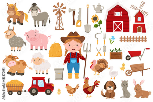Farm life clipart set. Large collection of farm animals, farmer and farming and farming related items. Farm animals and birds, farming tool.
