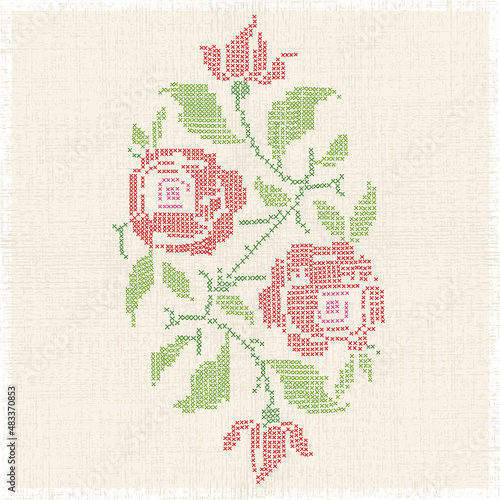 Vector imitation of the vintage blanket with embroidery Rose ornate. Cross stitch rose. Cross-stitch.