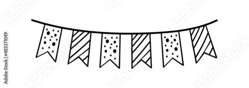 Doodle party bunting flags for decoration. Black line sketch garland. Hand drawn vector illustration. Doodle party drawing. Celebration bunting