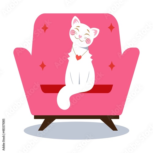 Cute love illustration with a white cat on a red armchair - for valentine's day, greeting card. Isolated illustration on white background