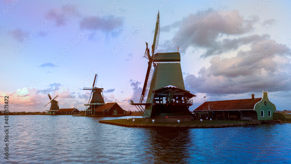 Wooden windmills at Zaanse Schans in Holland