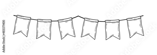 Doodle party bunting flags for decoration. Black line sketch garland. Hand drawn vector illustration. Doodle party drawing. Celebration bunting