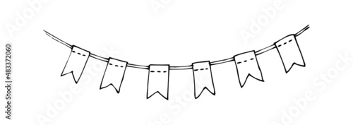 Doodle party bunting flags for decoration. Black line sketch garland. Hand drawn vector illustration. Doodle party drawing. Celebration bunting