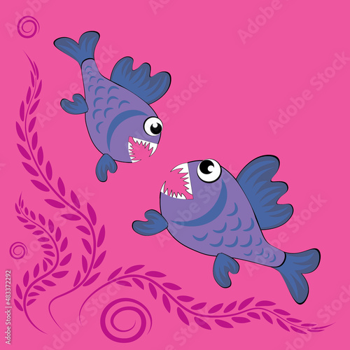 predatory evil piranha fish. Fabulous underwater world. Styling, cartoon style
