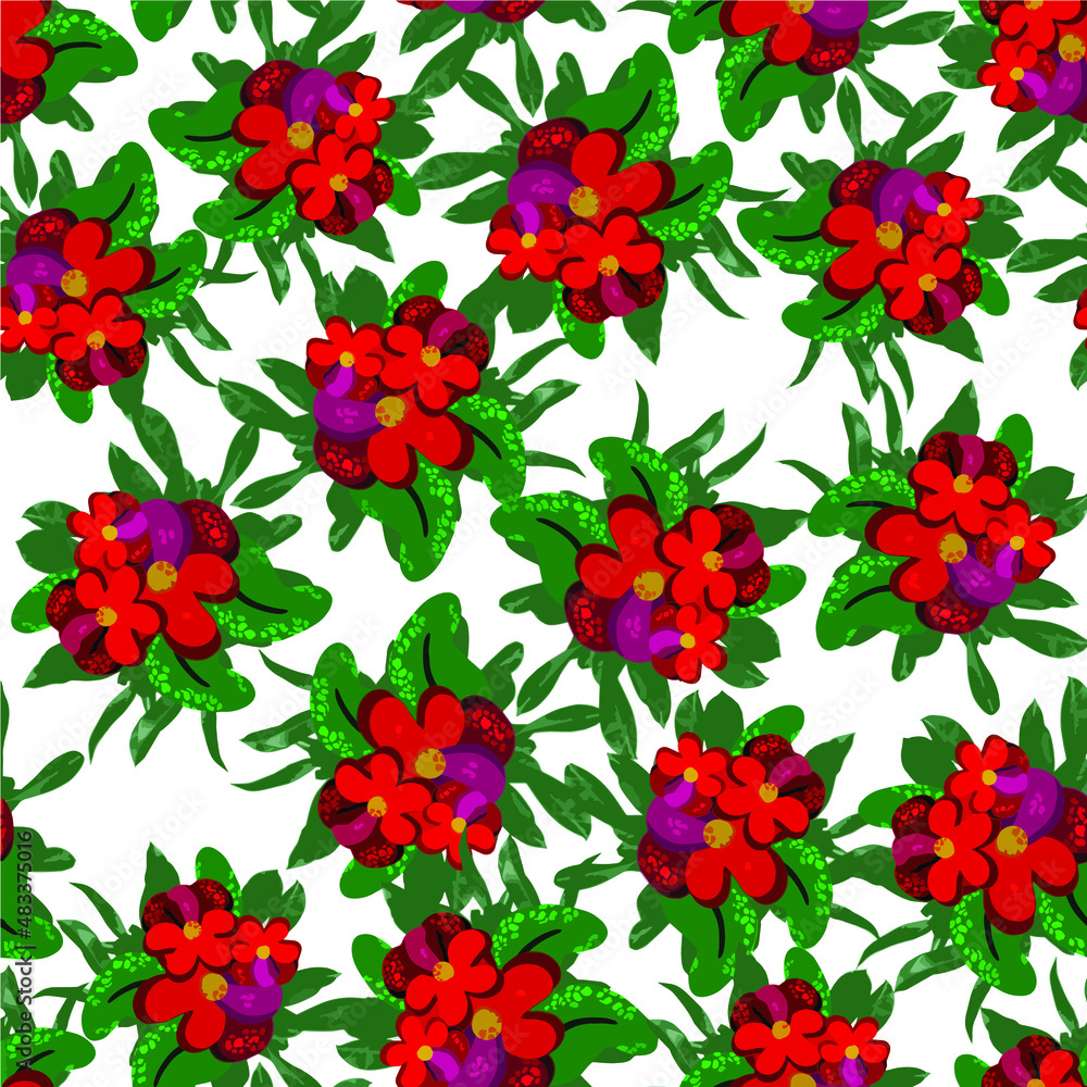 Seamless pattern of tropical exotic flowers with leaves. Tiles for the design of a wide variety of objects, posters, labels, banners. Vector resizing without loss of quality. EPS10.