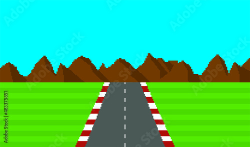 retro game vector background, classic road with mountain and grass, pixel art, 80s style