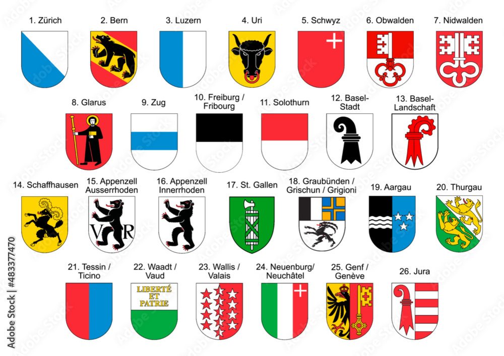 Coat of arms of all Swiss Cantons with names and official number all on one set. Illustration made January 28th, 2022, Zurich, Switzerland. - obrazy, fototapety, plakaty 