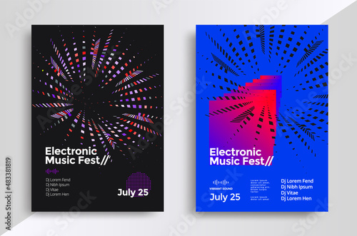 Electronic Music fest posters design. Sound flyer with abstract geometric line shapes. Vector
