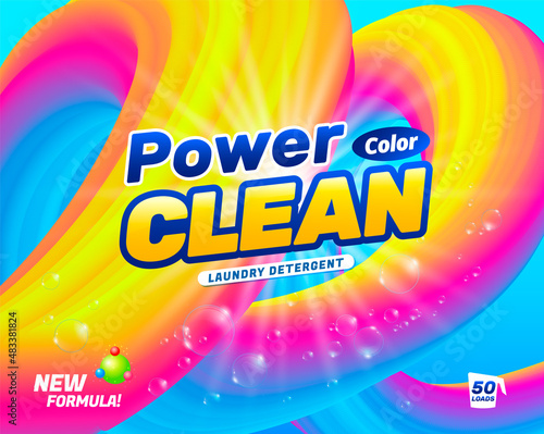 Package design for laundry detergent or soap. Powder for washing color linen. Vector illustration