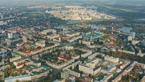 Gomel, . Aerial View Of Bird's-eye View, Flight Above Homiel. Circus, Sovetskaya Street, Residential Districts, Downtowns. Traffic On Streets.Gomel, . Aerial View Of Bird's-eye View, Flight Above