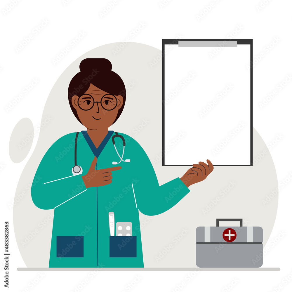 Smiling woman doctor holding a file with blank paper for text. Vector Smiling woman doctor holding a file with blank paper for text. Vector