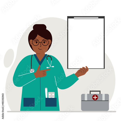 Smiling woman doctor holding a file with blank paper for text. Vector