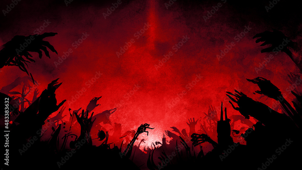 Black silhouettes of sinister undead hands rising from the ground, bony and fleshy, whole and broken, they reach for the sky. On a blood-red dark background with fog and sunrise on the horizon. 2d art - obrazy, fototapety, plakaty 