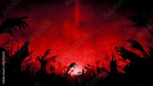 Black silhouettes of sinister undead hands rising from the ground, bony and fleshy, whole and broken, they reach for the sky. On a blood-red dark background with fog and sunrise on the horizon. 2d art photo