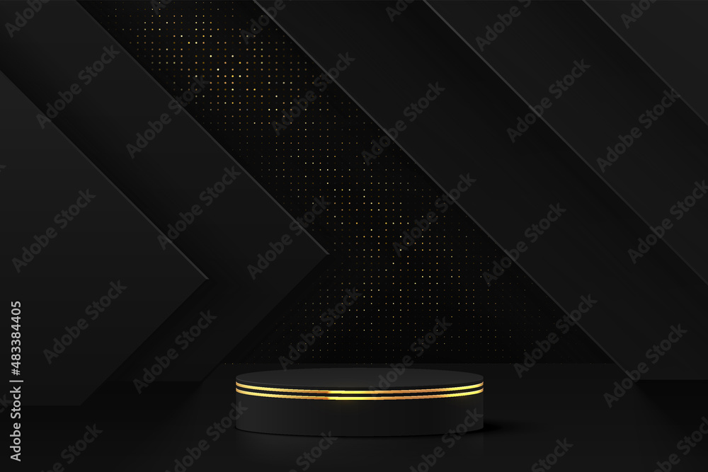 Abstract 3D room with realistic black cylinder pedestal podium in ...
