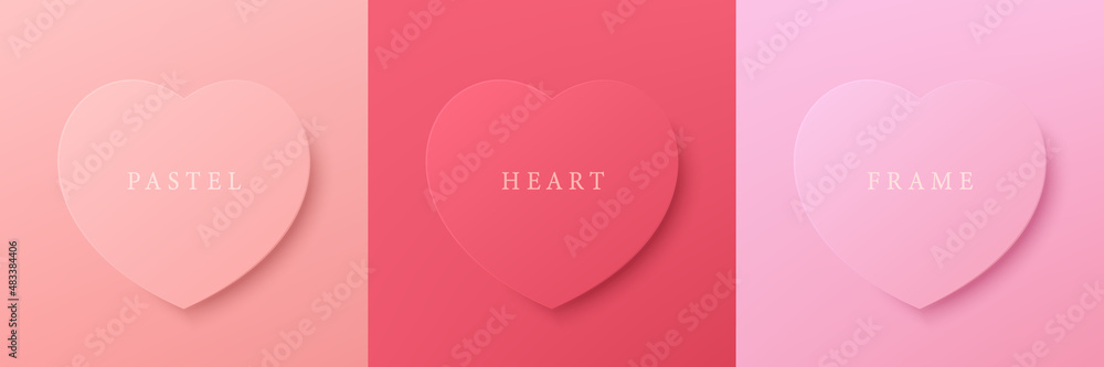 Set of pastel pink, and red 3D heart shape frame design. Elements for valentine day festival design. Collection of geometric backdrop for cosmetic product display. Top view. Vector illustration - obrazy, fototapety, plakaty 